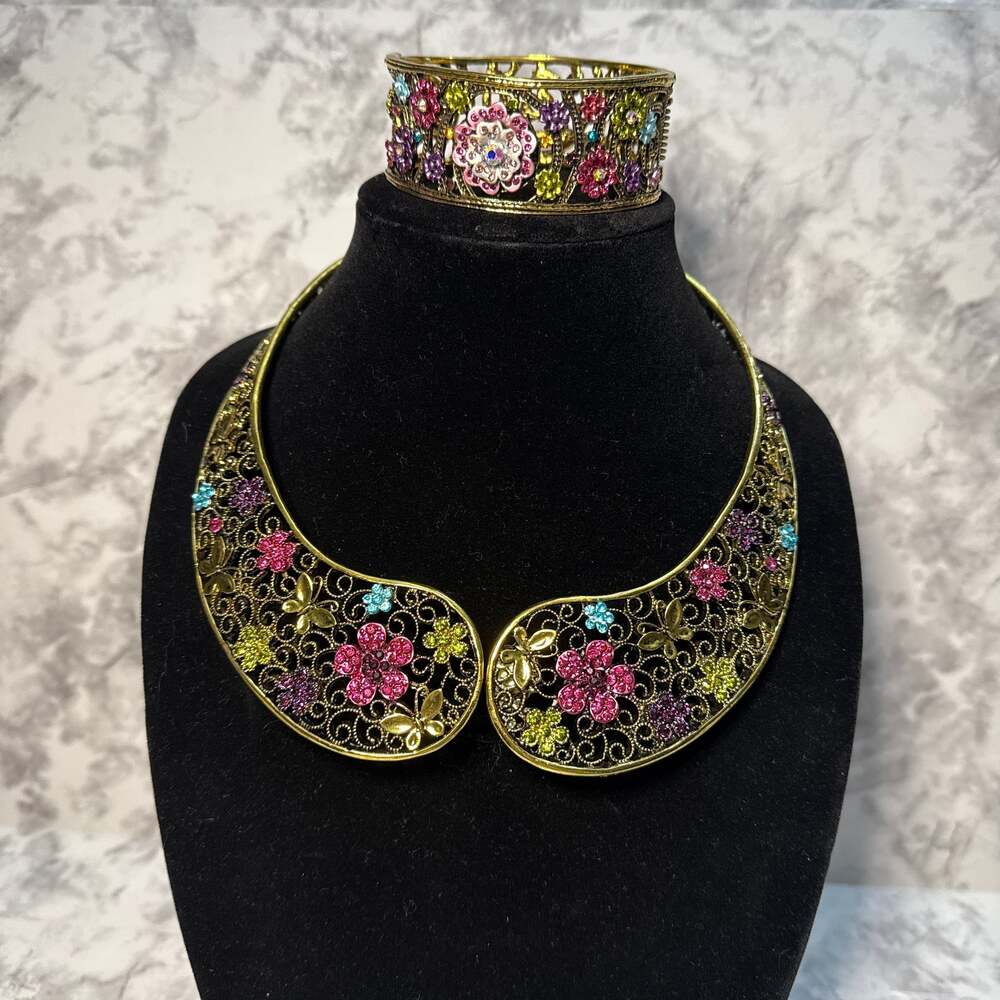 Vintage OPC CN Floral Filigree Collar Necklace and Matching Bangle Bracelet Set